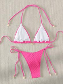 SHEIN Swim Summer Beach Faux Pearl Decor Halter Triangle Bikini Set - Hot Pink - View 2