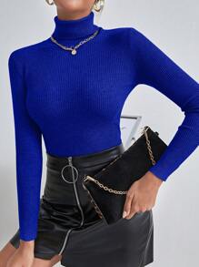 INAWLY Solid Turtleneck Ribbed Knit Sweater,Long Sleeve Tops