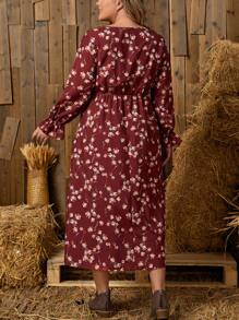 EMERY ROSE Plus Floral Print Flare Sleeve Dress - Red - View 2