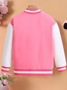 SHEIN 女大童1入組星形和標語圖案條紋飾邊學院風夾克 - 玫紅色 - 查看 2