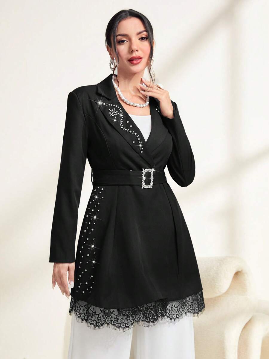 Modelyn Rhinestone Detail Eyelash Lace Trim Belted Blazer - Black - View 1