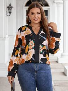 SHEIN Clasi Plus Floral Print Notched Neckline Contrast Trim Lantern Sleeve Blouse