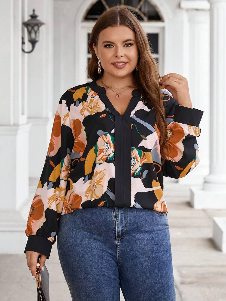 Plus Floral Print Notched Neckline Contrast Trim Lantern Sleeve Blouse