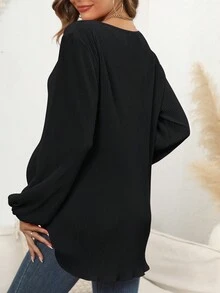 Camiseta unicolor de cuello V de manga farol tejido de canalé - Negro - Ver 2