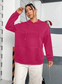 Flirla 加大码日月印花落肩抽绳卫衣 - 玫紅色 - 查看 4