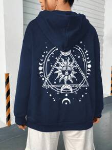 Flirla Áo nỉ cỡ lớn in hình mặt trời và mặt trăng, kiểu vai rớt, có dây rút. - Màu xanh hải quân - Xem 1