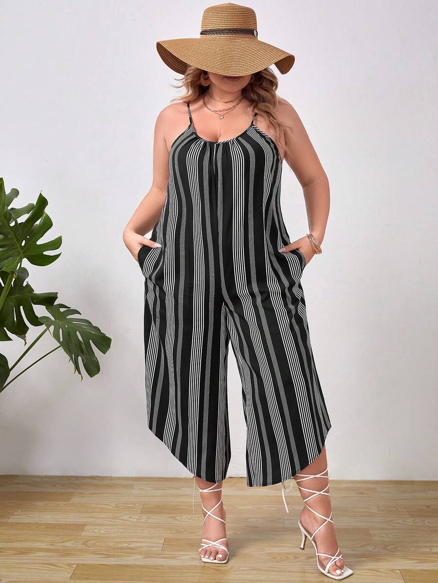 SHEIN VCAY Plus Striped Print Asymmetrical Hem Cami Jumpsuit - Black and White - View 1