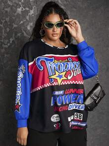 SHEIN CURVE+ 大碼字母圖案撞色落肩袖運動衫 - 彩色 - 查看 4