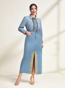 SHEIN Privé Ruffle Trim Button Front Denim Shirt - Blue - View 3