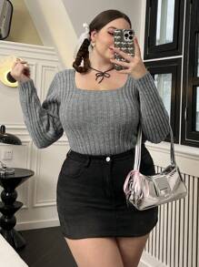 Flirla Plus Square Neck Ribbed Knit Sweater - Grey - View 5