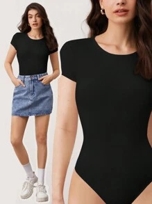 SHEIN BASICS 實心修身t恤連體衣 - 黑色 - 查看 5