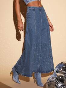 高腰牛仔半身裙 - 中等水洗藍 - 查看 5