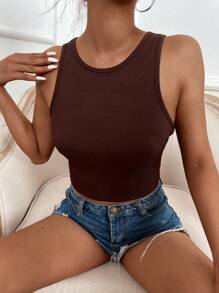 SHEIN LUNE Solid Ribbed Knit Crop Tank Top - Coffee Brown - View 4