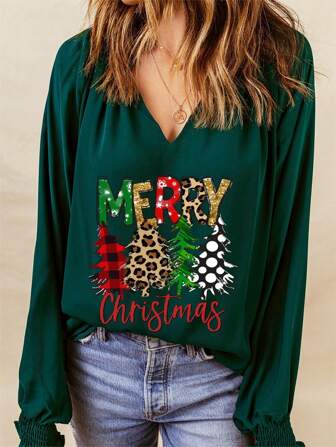 Christmas Print Lantern Sleeve Blouse