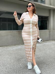 SHEIN Essnce Plus Striped Print Button Front Bodycon Dress - Multicolor - View 5