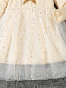 SHEIN Young Girl Sequin Star Pattern Contrast Mesh Hem Dress - Champagne - View 3
