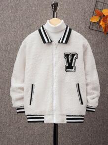 SHEIN Chico preadolescente Cazadora teddy con parche de letra ribete de rayas sin jersey