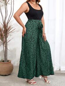 SHEIN Holidaya 大碼斑點印花闊腿腰帶連身褲 - 墨綠色 - 查看 5