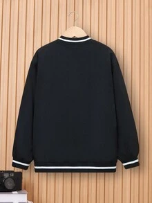 SHEIN 男大童字母&鴿子印花拼接邊加絨內裏拉鍊飛行員夾克 - 黑色 - 查看 2