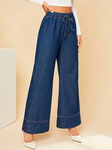 SHEIN Privé 腰部抽繩闊腿牛仔褲 - 深色水洗藍 - 查看 4