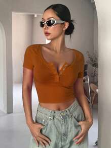 DAZY Halv Knapprad Korta T-Shirts - Brons - Visa 5