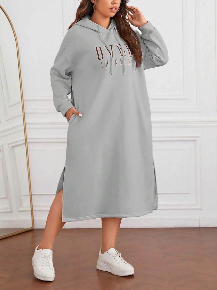 Plus Letter Graphic Split Hem Drawstring Hooded Dress Graduation,Back To School Outfits,Graduation,Teacher Outfits For Women,Back To School Winter Fall Autumn