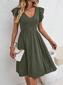 SHEIN Clasi Chất rắn Viền Ruffle Váy chữ A - xanh quân đội - Xem 1