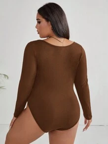 SHEIN EZwear Plus Solid Scoop Neck Bodysuit - Brown - View 2