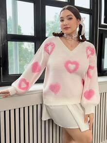 SHEIN Qutie Hơn Hình trái tim Lê Kết cườm Thả vai Áo len - Nhiều màu - Xem 3