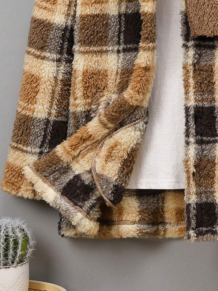 Tween Boy Plaid Pattern Button Front Hooded Teddy Coat & Scarf