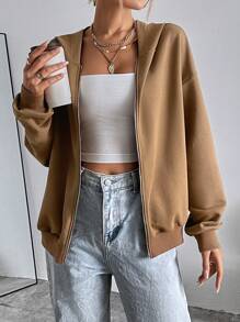 SHEIN Essnce Drop Shoulder Zip Up Hoodie - Khaki - View 1