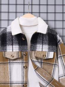 SHEIN Tween Boy Plaid Print Borg Collar Flap Detail Overcoat Without Sweater