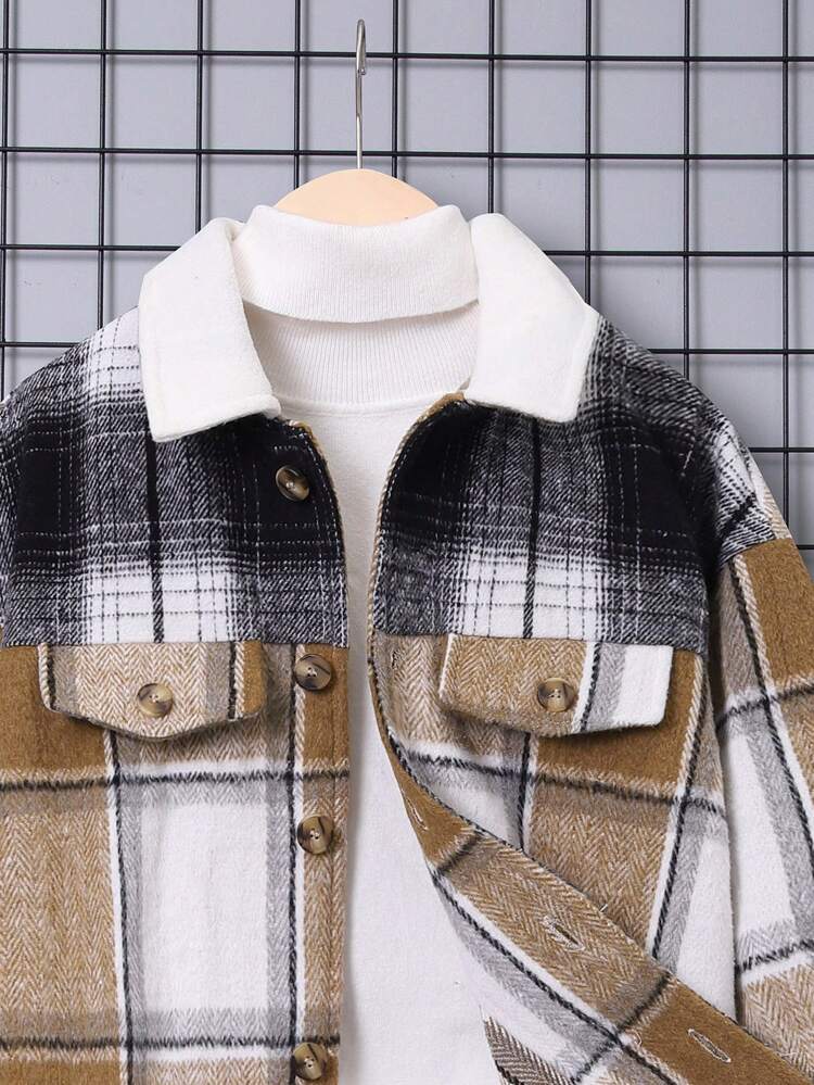 Tween Boy Plaid Print Borg Collar Flap Detail Overcoat Without Sweater