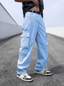 Manfinity EMRG 男士側翻蓋口袋腰部抽繩工裝褲 - 藍色 - 查看 3