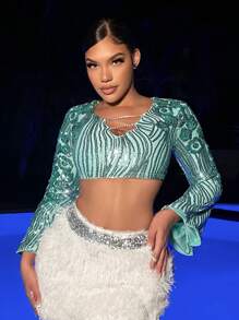 SHEIN SXY Rhinestone Detail Flare Sleeve Sequin Crop Top - Mint Green - View 4