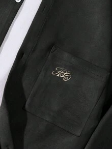 男士字母圖案前袋落肩襯衫（無T恤） - 黑色 - 查看 3