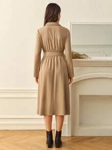 SHEIN Frenchy Flap Detail Belted Shirt Dress - Khaki - View 2