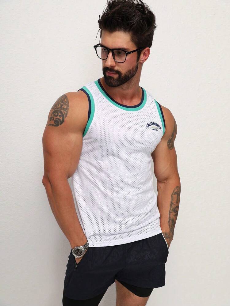 Boyfriend Style Men Letter Graphic Striped Trim Sports Tank Top Tank Top Pack