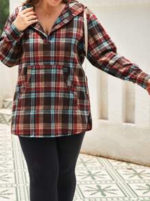 Áo nỉ cỡ lớn in họa tiết kẻ caro, cài nửa cúc và có dây rút. - Đỏ - Xem 1