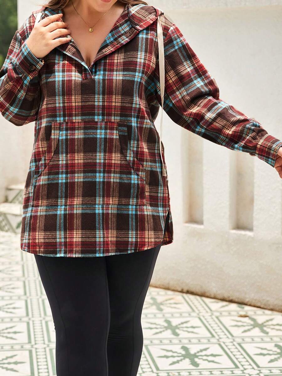 Áo nỉ cỡ lớn in họa tiết kẻ caro, cài nửa cúc và có dây rút. - Đỏ - Xem 1