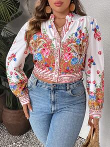 SHEIN VCAY 大碼印花前紐扣短款襯衫 - 彩色 - 查看 5