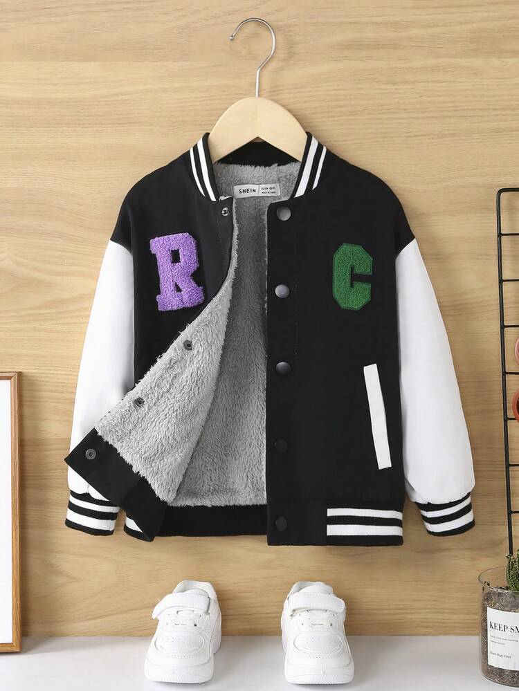 Young Boy Letter Patched Striped Trim Drop Shoulder Thermal Varsity Jacket Without Tee