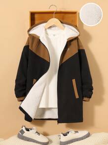 SHEIN Tween Boy Casual Loose Fit Hooded Jacket With Flower Print & Colorblock Design And Fleece Lining - Multicolor - View 4