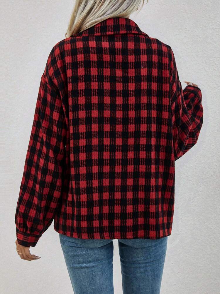 Plaid Print Drop Shoulder Flap Pocket Coat
