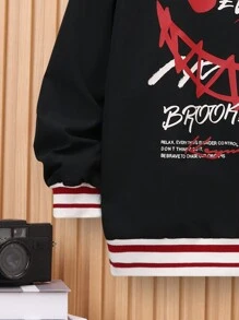 SHEIN 男大童標語和卡通圖案條紋飾邊落肩袖夾克 - 黑色 - 查看 5