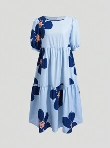Chiquease Đầm Maxi Tay Phồng In Hoa Có Viền Xếp Ly Cho Nữ - Màu xanh lam - Xem 3