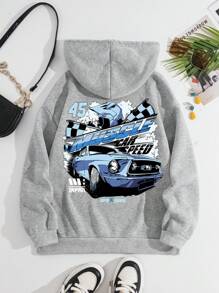 INAWLY 汽車和字母圖案袋鼠口袋抽繩保暖連帽衫 - 灰色 - 查看 1