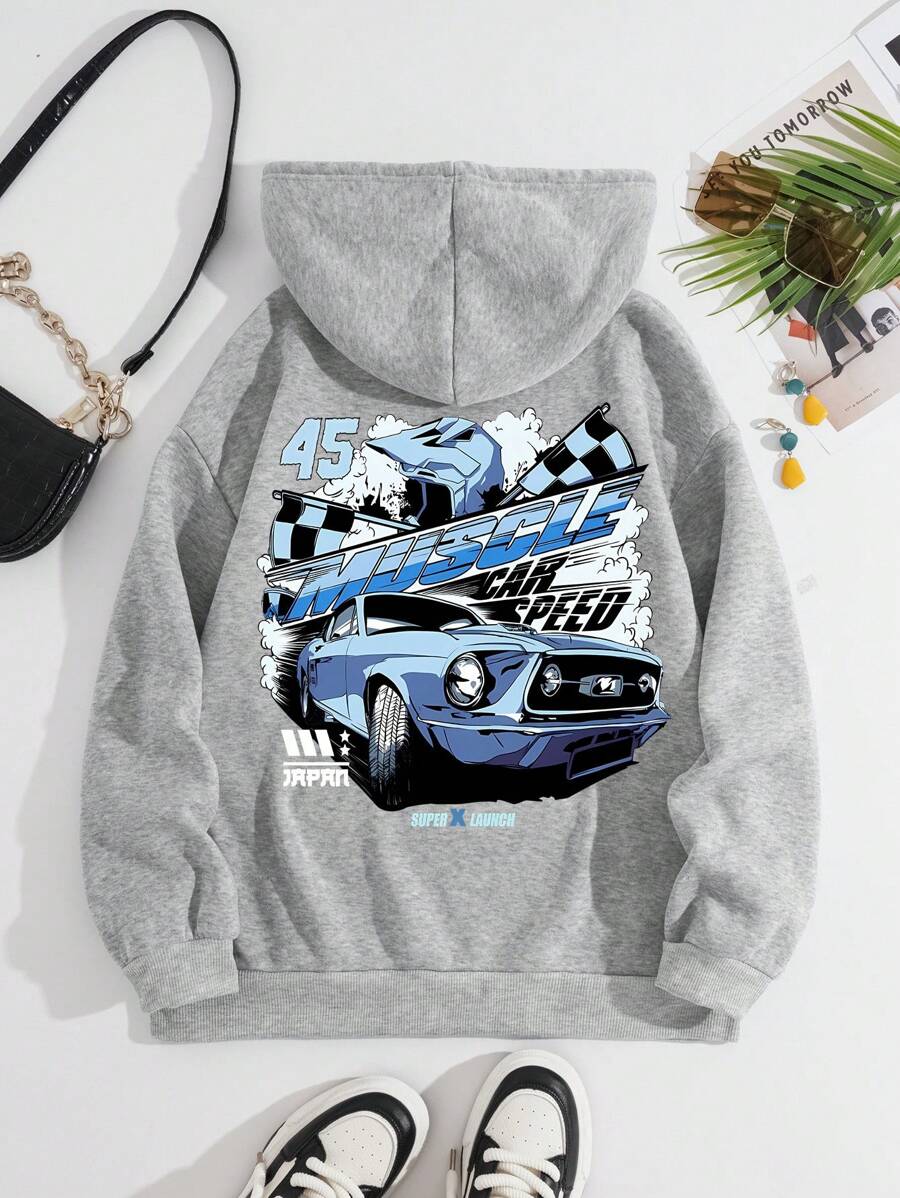 INAWLY 汽車和字母圖案袋鼠口袋抽繩保暖連帽衫 - 灰色 - 查看 1