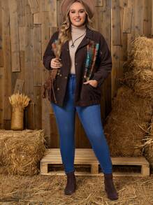 EMERY ROSE Plus Patchwork Print Drop Shoulder Corduroy Jacket - Brown - View 5