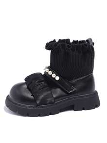 秋冬新款女童時尚中筒靴,防滑外底,襪狀設計,平底,適合兒童和青春期前兒童,pu 皮革製成